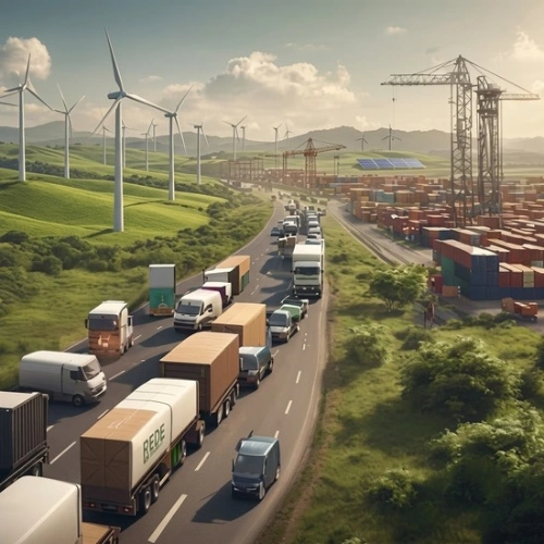 Blog 52 High-Resolution Sustainable Supply Chain Showing Renewable Energy, Organized Port Logistics With Cranes, And An Ethical Transport Fleet Of Electric And Recycled-Packaging Delivery Trucks.